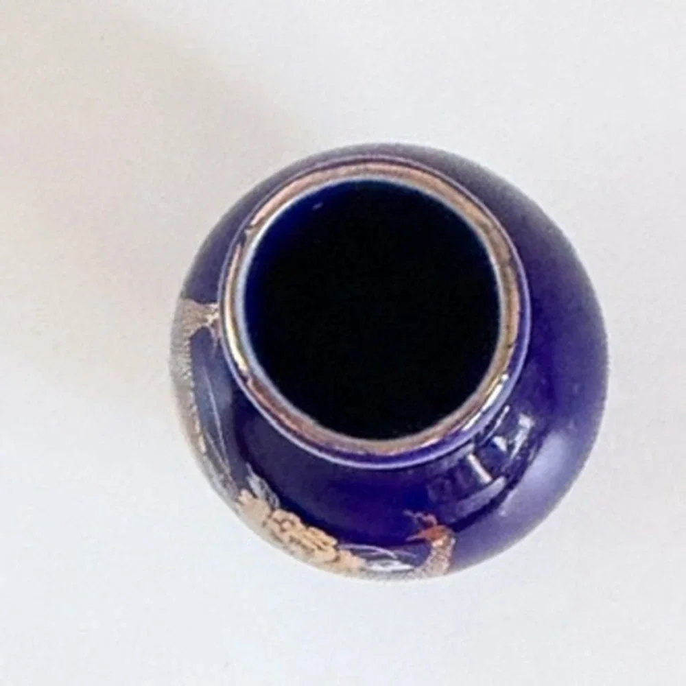 Vintage Blue Ceramic Vase‎ Peacock Floral Gold Detail Small Accent